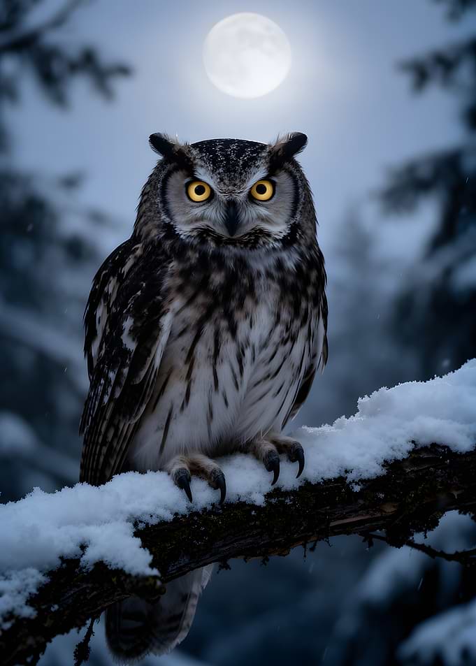 Owl in Snowy Forest Under Moon