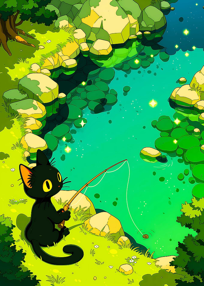 Black Cat Fishing by a Stream
