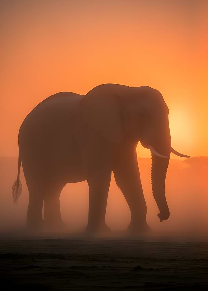 Elephant silhouetted against sunset