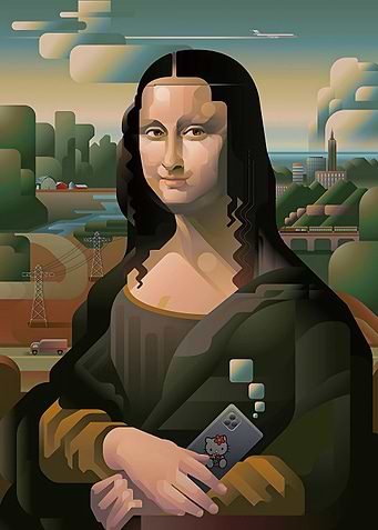 Mona Lisa with Smartphone and Modern Landscape