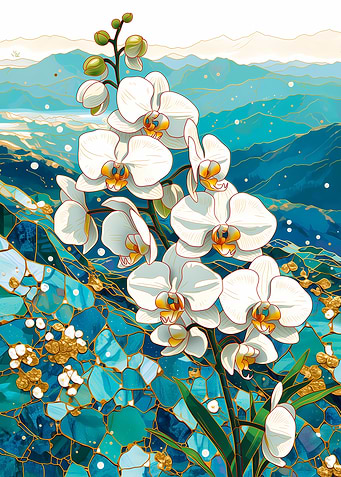 White Orchids with Blue Landscape