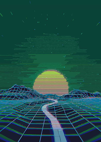 Retro Futuristic Landscape with Sun