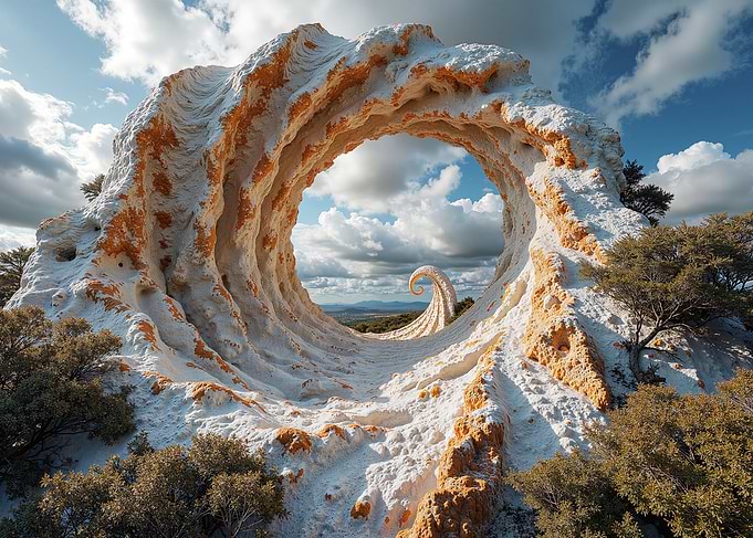 Surreal Rock Archway with Swirling Cloudscape