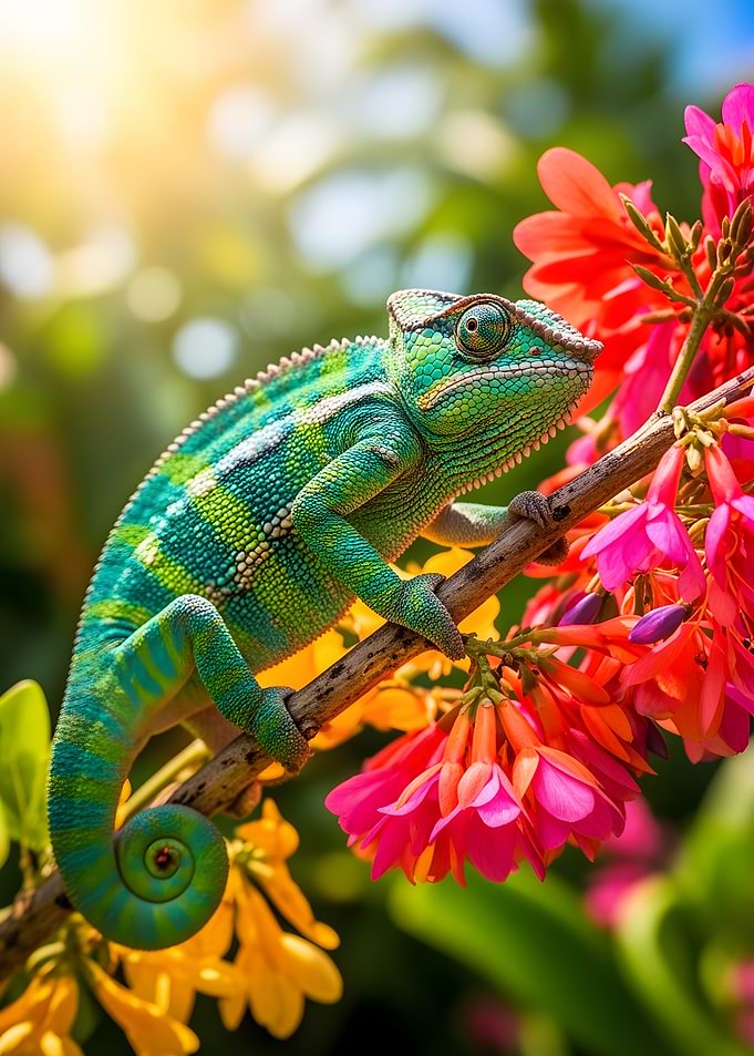 Chameleon on a Branch with Flowers