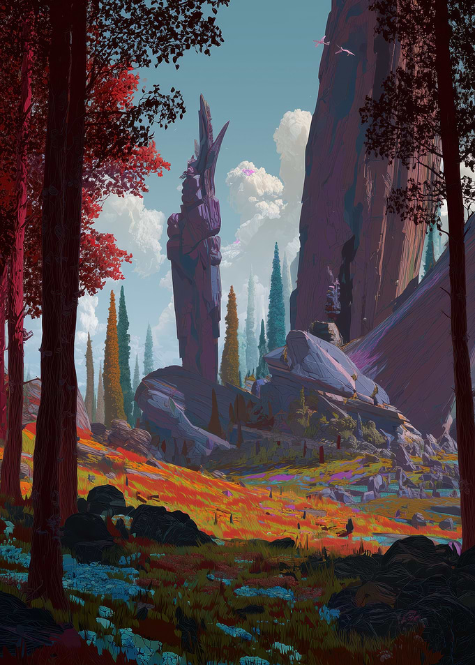 Alien Landscape with Red Trees and Rock Formations