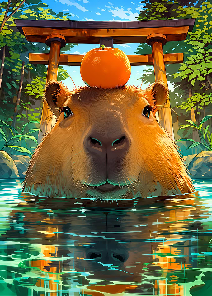 Capybara with Orange in Hot Spring