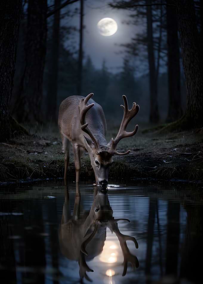 Deer drinking water under the moon