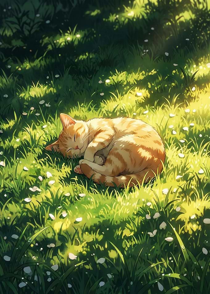 Serene Slumber: Kitten in the Sunlit Grass