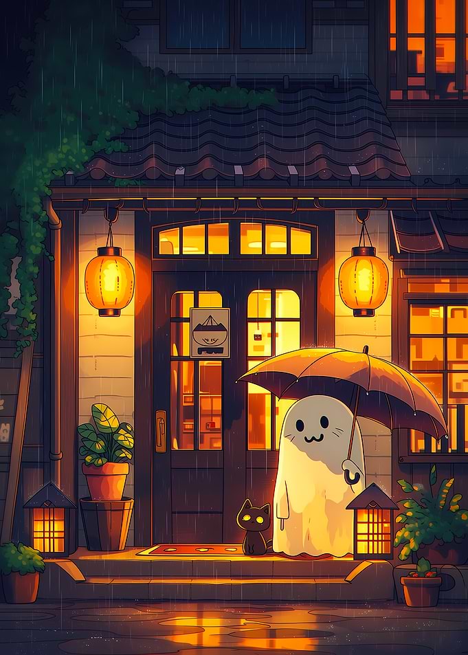 Cute Ghost and Cat in the Rain