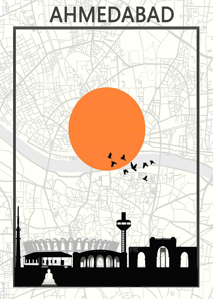 Ahmedabad Skyline with Sun and Birds