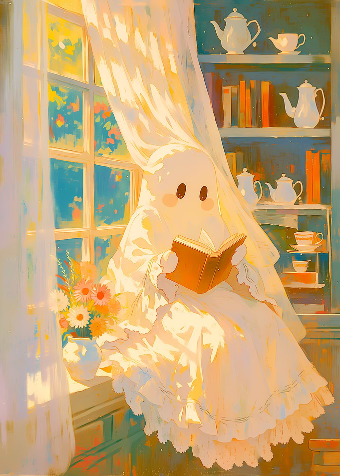 Cute Ghost Reading a Book