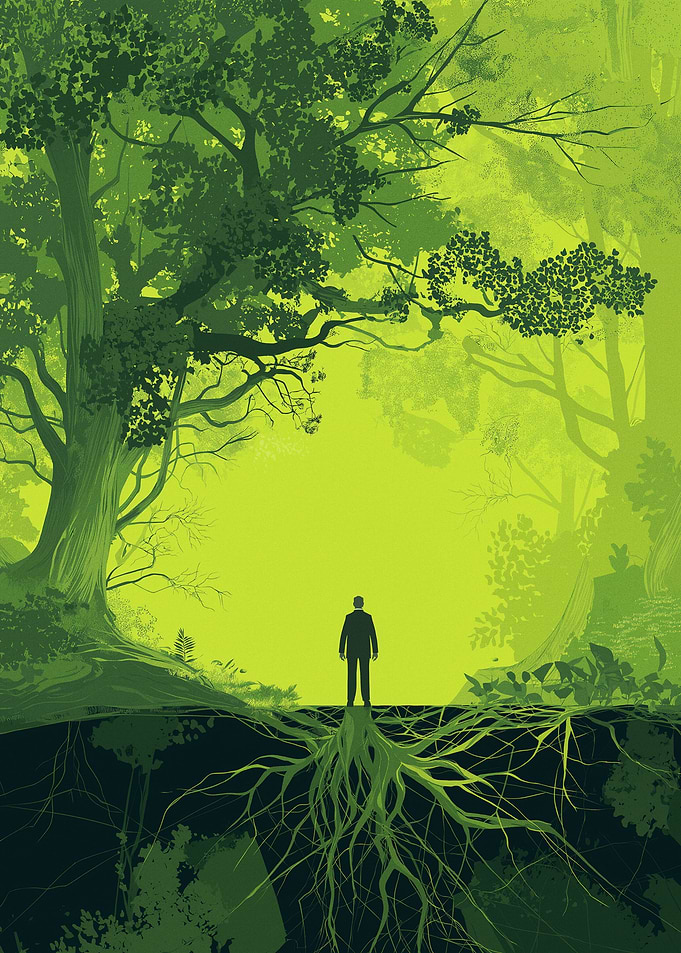 Man Standing on Tree Roots in Forest