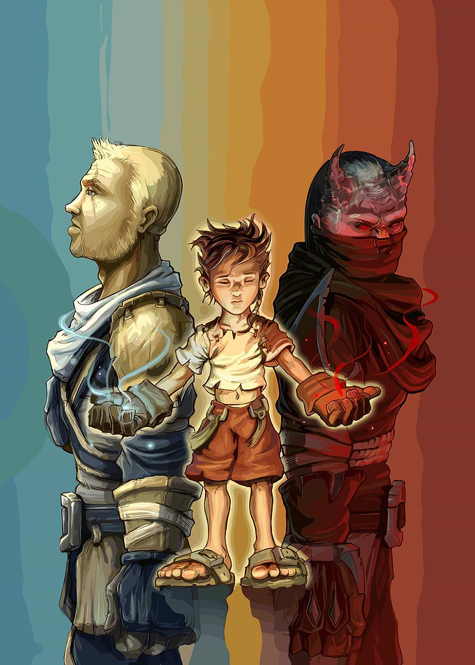 Three figures with magical energy