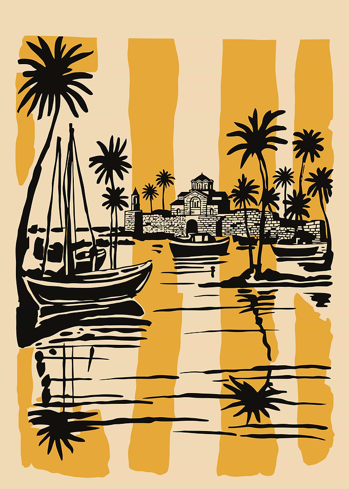 Coastal Scene with Sailboat and Architecture