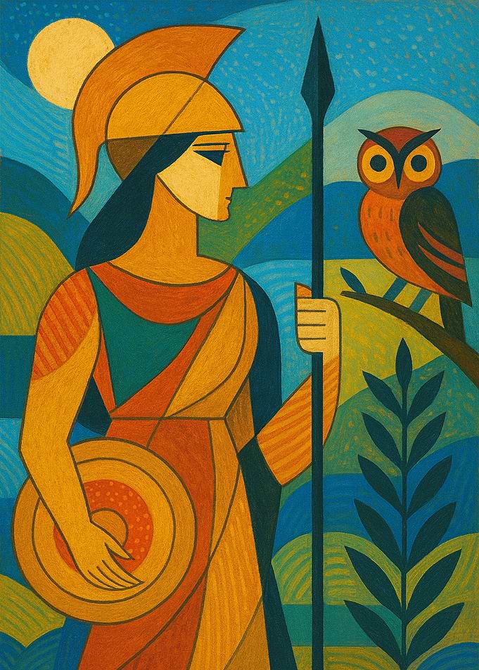 Athena and Owl in Stylized Landscape