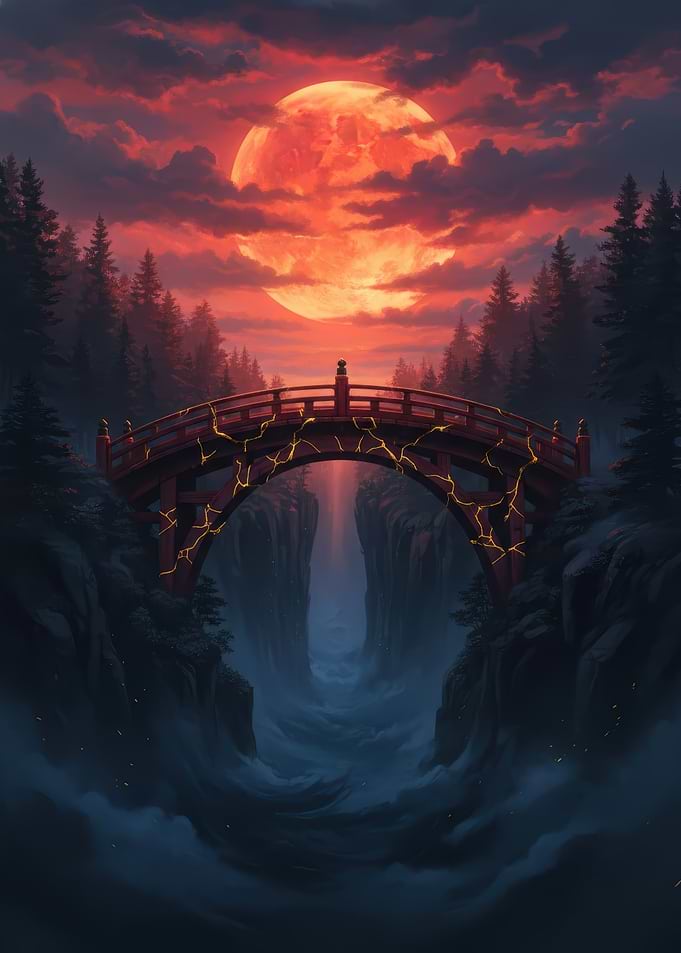 Crimson Moon Over Cracked Bridge