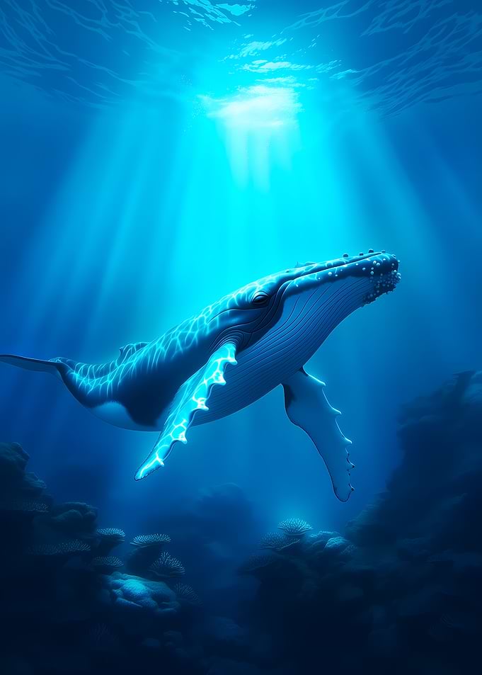 Humpback whale swimming in blue ocean