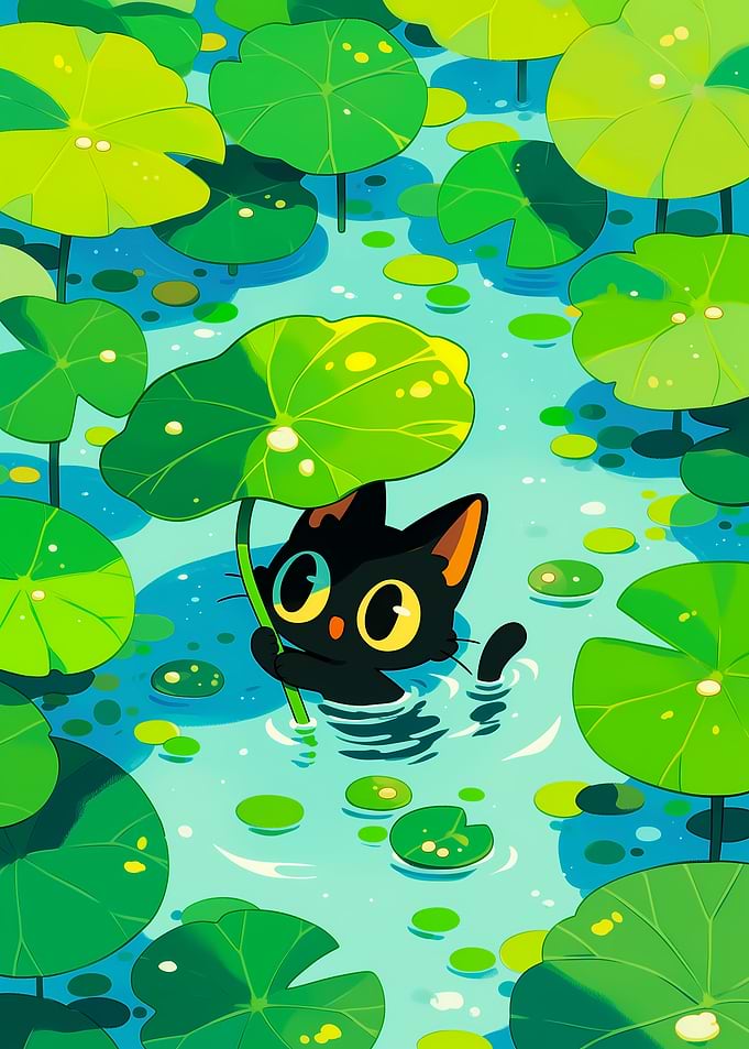 Cute Black Cat in Lotus Pond
