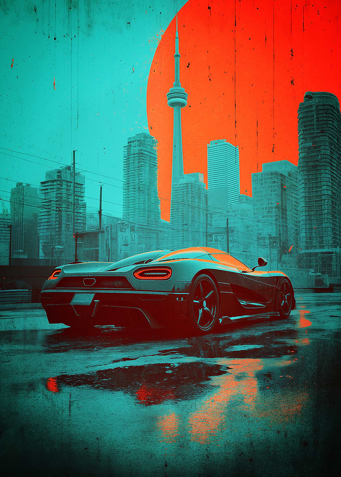 Sports Car in Rainy Cityscape Poster
