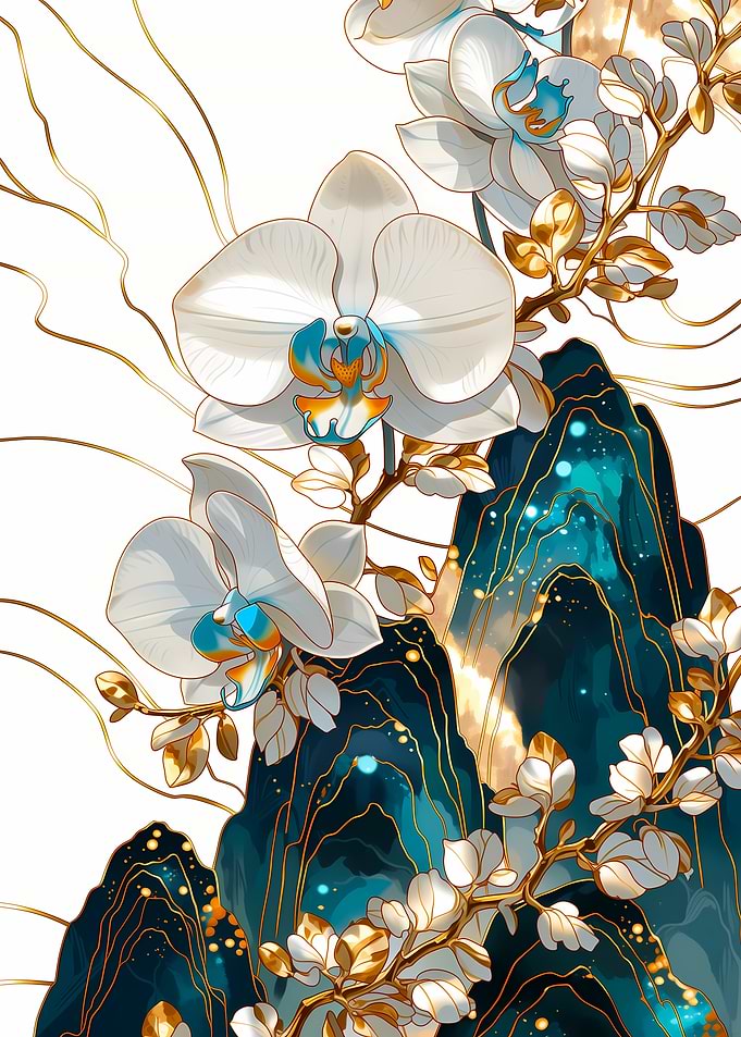White Orchids on Teal Mountains