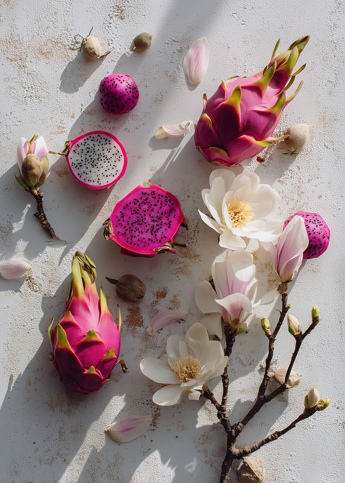 Dragon Fruit and Magnolia Blossoms
