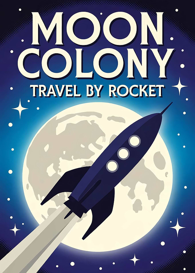 Moon Colony Travel by Rocket Poster