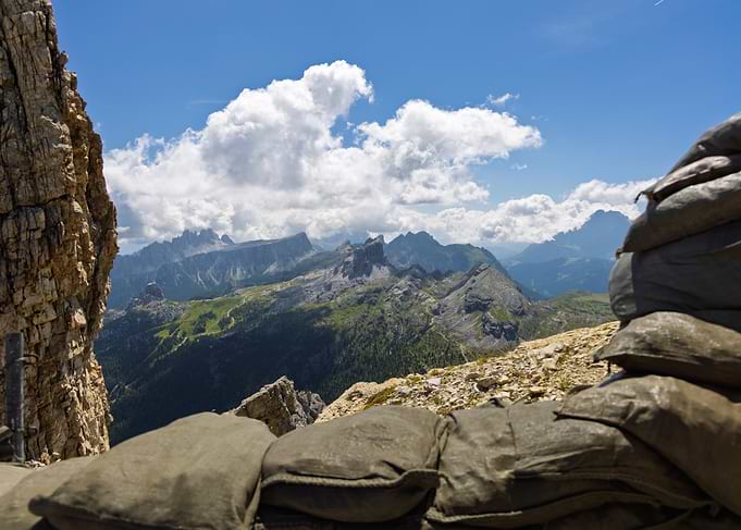 Mountain trench with sandbags and view - Passo Falzarego - Italy