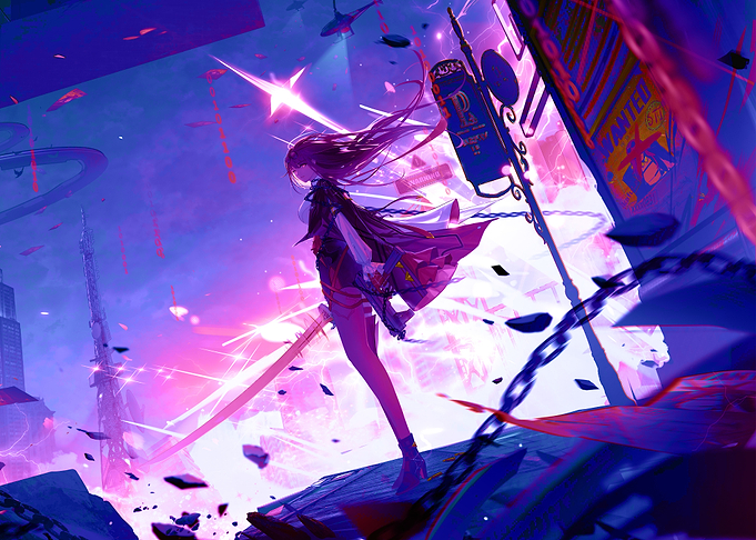 Anime Girl with Sword in Cyberpunk City