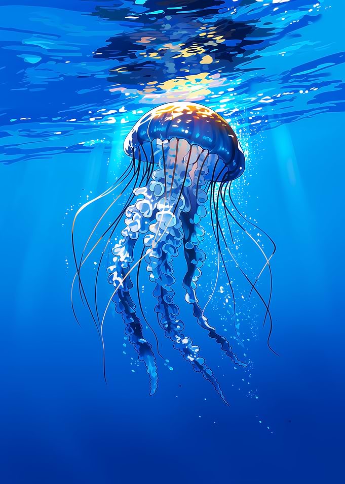 Jellyfish in Deep Blue Ocean