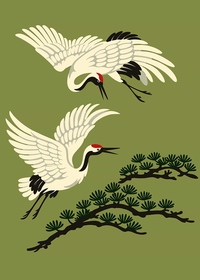 Two Cranes Flying Near Pine Branches