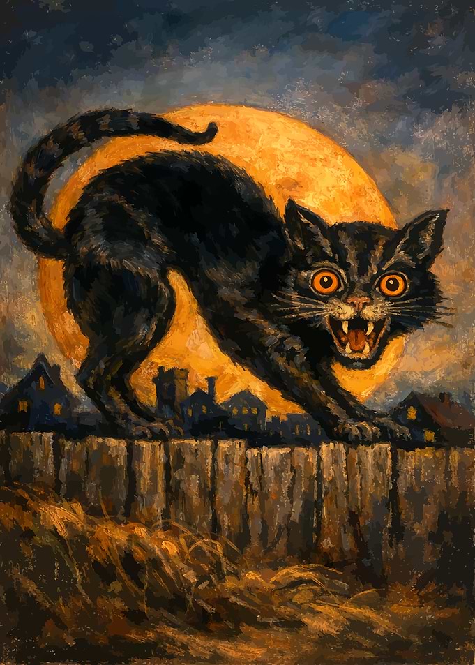 Black Cat on Fence Under Full Moon