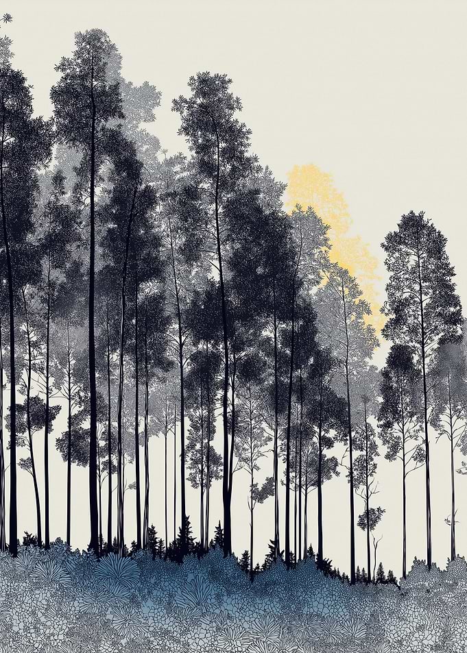 Misty Forest with Yellow Sunlight