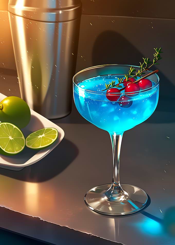 Blue Cocktail with Cranberries and Lime