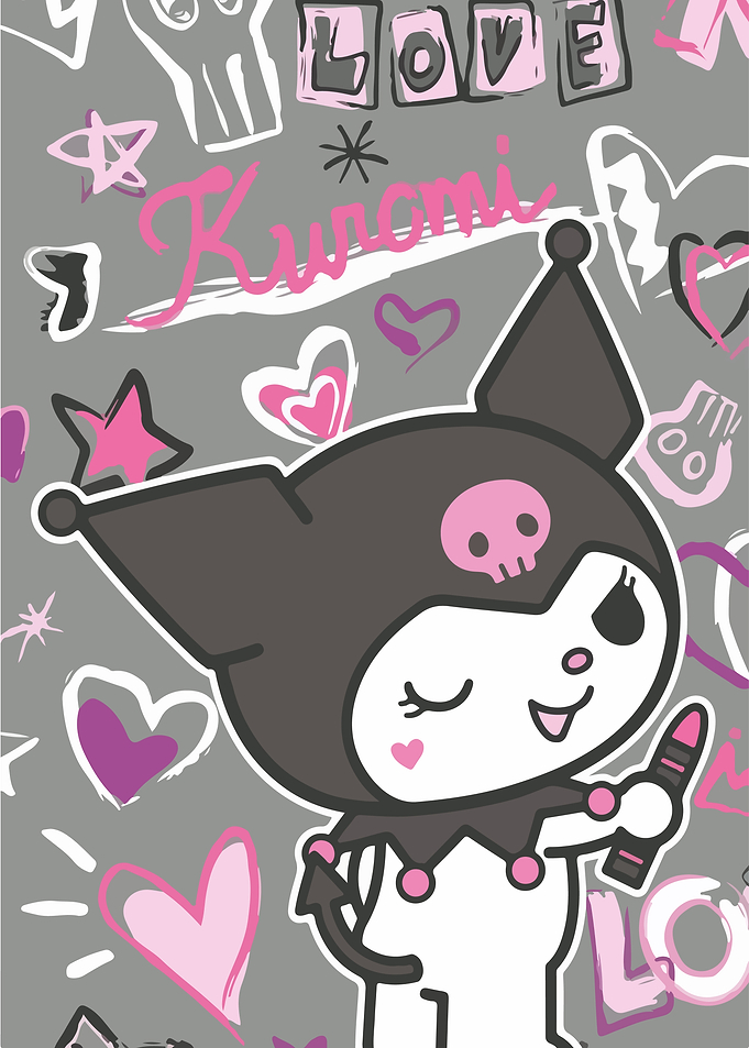 Kuromi with Hearts and Love Text
