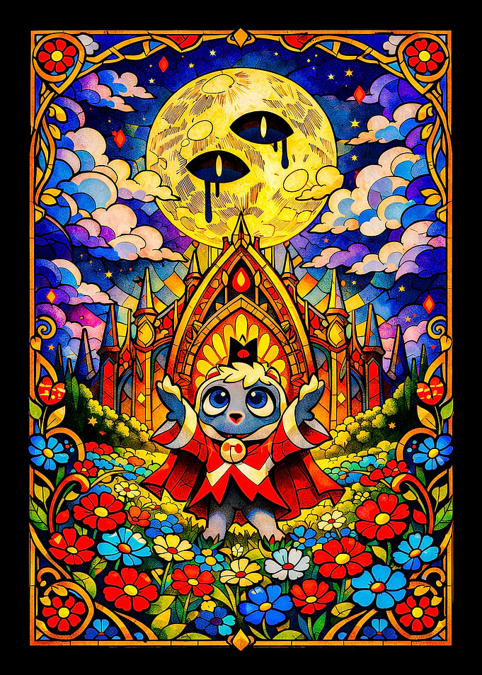 Stained Glass cult of the Lamb Character with Moon and Castle