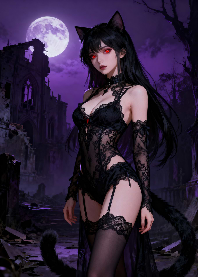 Gothic Cat Girl in Lace Lingerie