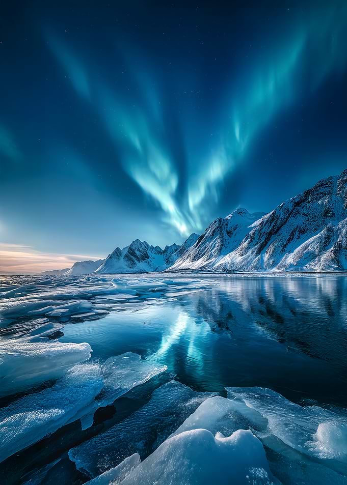Aurora Borealis over Snowy Mountains