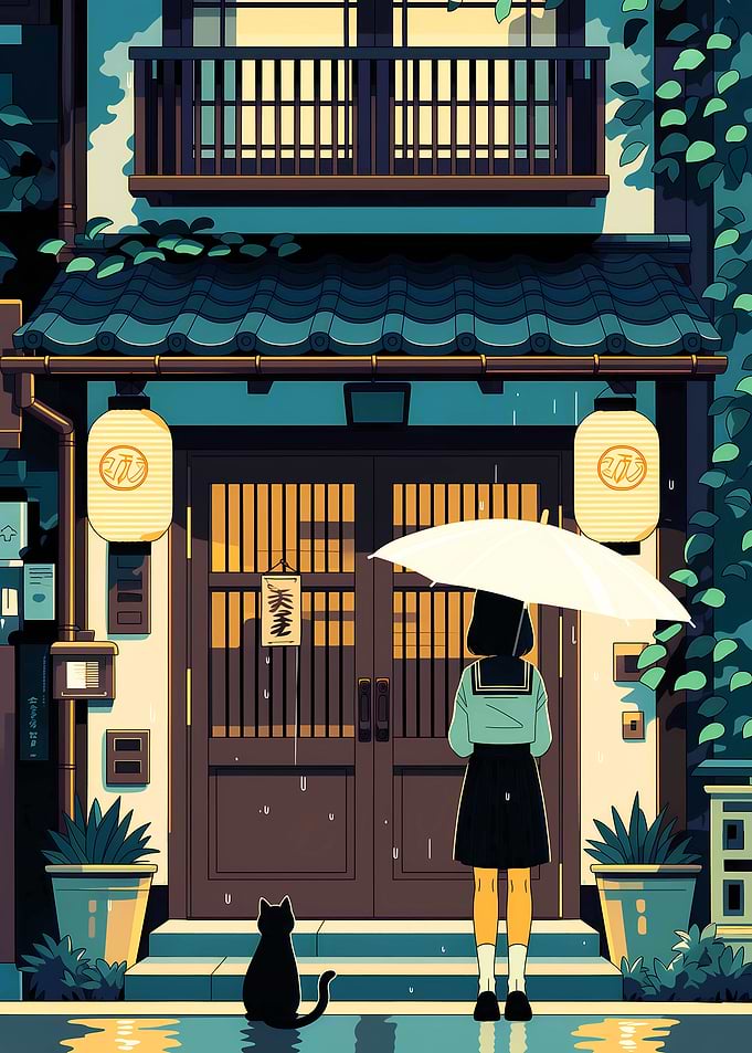Girl with Umbrella and Cat in Rain