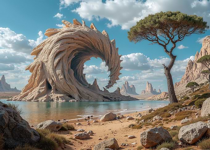 Surreal Desert Landscape with Dragon Wave