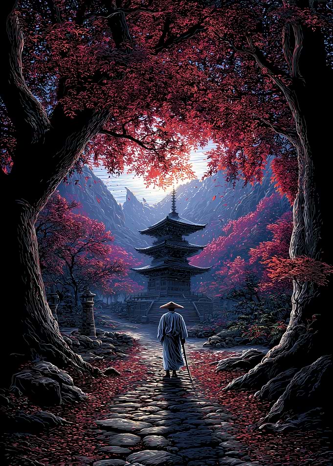 Monk walking towards a pagoda