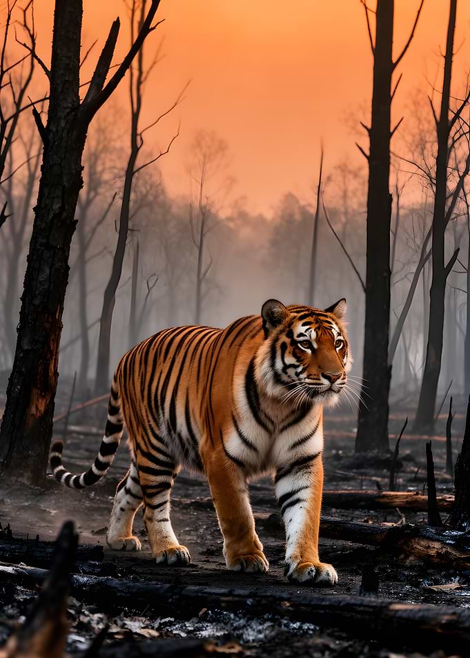 Tiger in a burnt forest