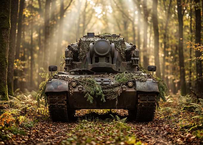 Camouflaged tank in a forest