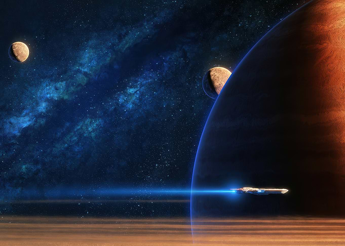 Spaceship traveling through a nebula