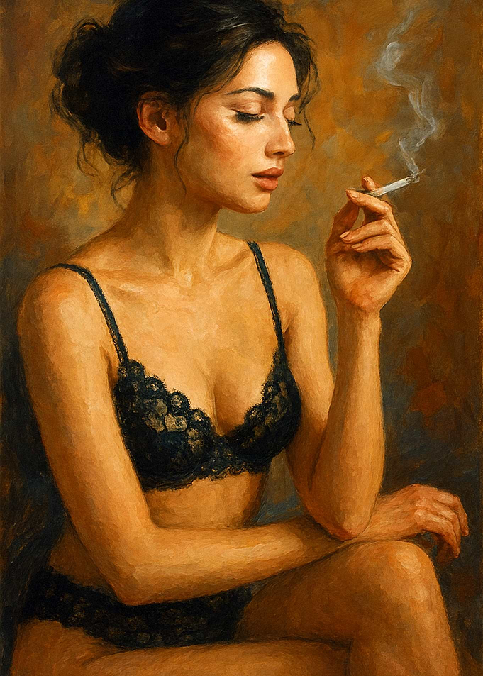 Woman in Black Lingerie Smoking