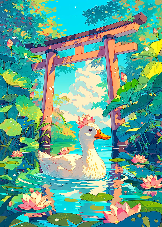 Duck in a Lotus Pond with Torii Gate
