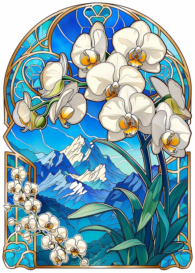 Art Nouveau Orchids and Mountains