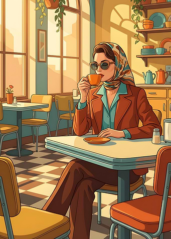 Woman in Retro Cafe Drinking Coffee