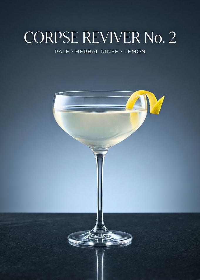 Corpse Reviver No. 2 — Pale Lemon Coupe on Cool Blue Background