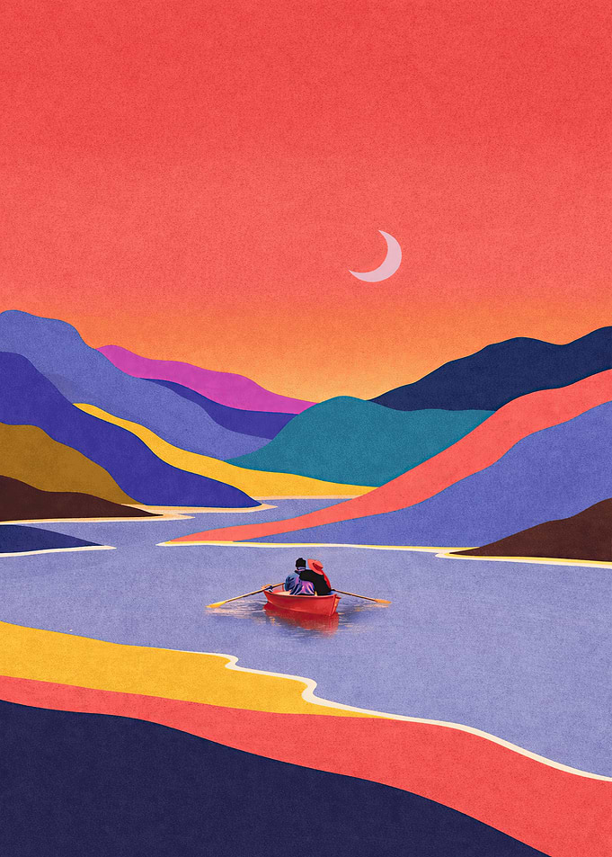 Couple rowing boat under crescent moon