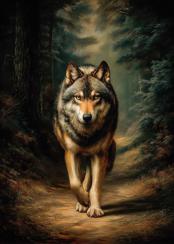 Wolf walking on a forest path